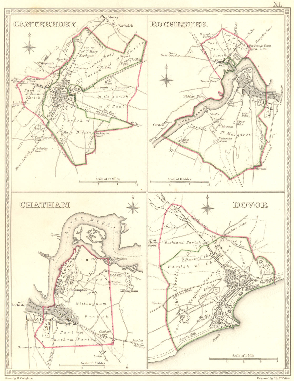 CANTERBURY; CHATHAM; ROCHESTER; DOVER. Town Plan 1835 old antique map chart